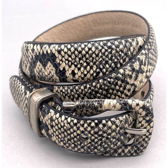 Women Snake Embossed Leather Lined Belt Adjustable Tan Black 38 Inch - Picture 2 of 4